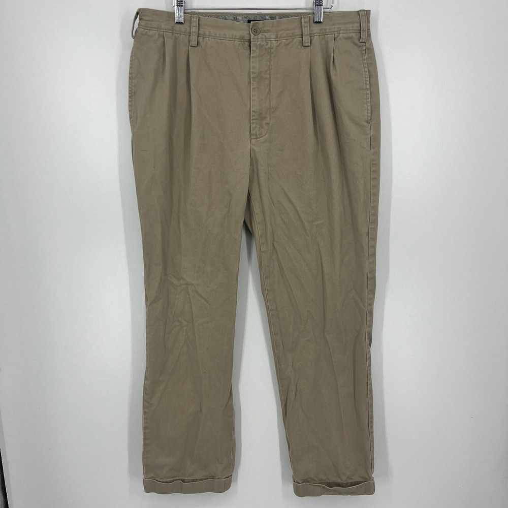 Nautica Mens Pleated Chino Pants Khaki Tan Cuffed Hem Classic Fit Size 36x32